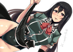 Rule 34 | 1girl, armor, black eyes, black hair, black skirt, bow, bowtie, breasts, chikuma (kancolle), clothes lift, collared shirt, competition swimsuit, cowboy shot, dutch angle, elbow gloves, gloves, green one-piece swimsuit, green skirt, hair between eyes, kantai collection, large breasts, lifting own clothes, long hair, long skirt, one-piece swimsuit, pauldrons, pelvic curtain, puffy short sleeves, puffy sleeves, red bow, red bowtie, ribbon, shirt, short sleeves, shoulder armor, side slit, simple background, single elbow glove, single glove, skirt, skirt lift, solo, swimsuit, swimsuit under clothes, tirasi (so), twitter username, white background