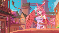Rule 34 | 1girl, absurdres, animal ears, architecture, bare shoulders, blue sky, bridge, cherry blossoms, china dress, chinese clothes, dress, east asian architecture, elbow gloves, fox ears, gloves, highres, holding, holding umbrella, honkai (series), honkai impact 3rd, looking at viewer, outdoors, petals, red gloves, sky, sleeveless, sleeveless dress, solo, tree, umbrella, white dress, yae sakura, yeyufeng