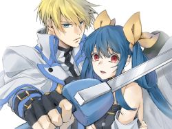 Rule 34 | 1boy, 1girl, asymmetrical wings, bare shoulders, belt, blonde hair, blue eyes, blue hair, breasts, couple, detached sleeves, dizzy (guilty gear), guilty gear, guilty gear x, guilty gear xx, hair between eyes, hair ribbon, hair rings, holding, holding sword, holding weapon, hug, husband and wife, ky kiske, long hair, midriff, monster girl, red eyes, ribbon, sword, thighs, twintails, underboob, weapon, wings