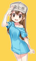 Rule 34 | 10s, 1girl, :d, absurdres, arm up, artist name, bad id, bad pixiv id, blue shirt, blush, brown eyes, brown hair, character name, clothes writing, collarbone, commentary request, fingernails, flat cap, goyain, grey hat, hair between eyes, hat, hataraku saibou, head tilt, highres, long hair, looking at viewer, open mouth, platelet (hataraku saibou), round teeth, salute, shirt, short sleeves, smile, solo, teeth, upper teeth only, very long hair, yellow background