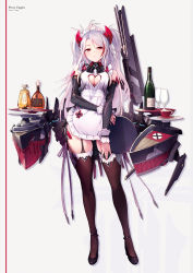 Rule 34 | 1girl, adapted costume, alcohol, alternate costume, antenna hair, apron, azumi akitake, azur lane, bare shoulders, black thighhighs, blush, breasts, brown eyes, brown footwear, brown thighhighs, character name, cleavage, cleavage cutout, clothing cutout, commentary request, copyright name, cross, cup, detached sleeves, dress, drinking glass, enmaided, full body, hand on own thigh, headgear, heart cutout, high heels, highres, iron cross, jewelry, large breasts, long hair, looking at viewer, machinery, maid, maid apron, maid headdress, mole, mole on breast, multicolored hair, parted lips, prinz eugen (azur lane), red eyes, red hair, short dress, silver hair, simple background, skindentation, smile, solo, standing, streaked hair, swept bangs, thigh strap, thighhighs, thighs, tray, two side up, very long hair, white apron, wine glass