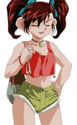 Rule 34 | 1girl, bakusou kyoudai let&#039;s &amp; go!!, bakusou kyoudai let&#039;s &amp; go!! max, breasts, brown hair, closed eyes, clothes lift, hair ribbon, hand on own hip, highres, jewelry, legs, medium breasts, midriff, navel, necklace, oogami marina, ribbon, shirt lift, short shorts, shorts, smile, solo, tank top, thighs, twintails
