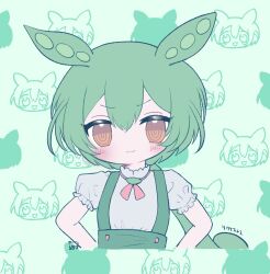 Rule 34 | 1girl, :3, blush, brooch, closed mouth, commentary request, cropped torso, green background, green hair, grey shirt, hands on own hips, highres, jewelry, long hair, looking at viewer, low ponytail, neck ribbon, orange eyes, patterned background, pea pod, pink ribbon, puffy short sleeves, puffy sleeves, ribbon, ringed eyes, shirt, shirt tucked in, short sleeves, signature, solo, straight-on, suspenders, v-shaped eyebrows, voicevox, wotoha, zundamon