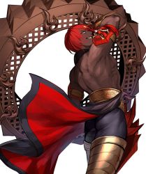 Rule 34 | 1boy, arm up, ashwatthama (fate), ass, back, fate/grand order, fate (series), holding, holding weapon, looking back, meiji (meiji770), muscular, red hair, smirk, solo, weapon, wheel, white background, yellow eyes