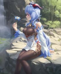 Rule 34 | 1girl, ahoge, bare shoulders, bell, black bow, black pantyhose, blue flower, blue hair, bodysuit, bow, breasts, chinese knot, covered navel, day, detached sleeves, flower, ganyu (genshin impact), genshin impact, glaze lily, goat horns, gold trim, hair bow, highres, holding, holding flower, horns, long hair, looking at flowers, looking to the side, medium breasts, neck bell, no gloves, outdoors, pantyhose, parted lips, purple eyes, red rope, rock, rope, sidelocks, sitting, sitting on rock, solo, stormstx, tassel, thighband pantyhose, thighlet, twitter username, vision (genshin impact), water, waterfall, white sleeves