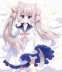 Rule 34 | 1girl, :o, animal ears, bloomers, blue sailor collar, blush, bow, brown hair, cat ears, cat girl, cat tail, commentary, dress, frilled dress, frills, hair between eyes, hair ribbon, hand up, highres, long hair, long sleeves, looking at viewer, nakkar, original, parted lips, pink bow, pink ribbon, puffy long sleeves, puffy sleeves, purple eyes, ribbon, sailor collar, sailor dress, solo, star (symbol), tail, twintails, underwear, very long hair, white background, white bloomers, white dress