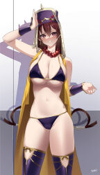 Rule 34 | 1girl, absurdres, bare shoulders, bead necklace, beads, bikini, breasts, bridal gauntlets, brown hair, cleavage, detached sleeves, earrings, fate/grand order, fate (series), grin, hair between eyes, hat, highres, hoop earrings, jewelry, kurozawa yui, large breasts, long hair, looking at viewer, navel, necklace, prayer beads, purple bikini, purple eyes, purple hat, purple thighhighs, smile, solo, swimsuit, thighhighs, thighs, veil, vest, xuangzang sanzang (fate), yellow vest
