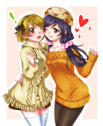 Rule 34 | !, arm around waist, blush, breasts, brown hair, cheek-to-cheek, closed mouth, fur hat, hat, heads together, heart, koizumi hanayo, long hair, love live!, love live! school idol festival, love live! school idol project, low twintails, medium breasts, multiple girls, off shoulder, one eye closed, open mouth, pantyhose, purple eyes, purple hair, sha (shareddelicious), short hair, simple background, smile, sweater, thighhighs, tojo nozomi, twintails, yuri
