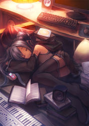 Rule 34 | 1girl, book, boots, cd, detached sleeves, digital media player, closed eyes, garuku, hatsune miku, headphones, instrument, ipod, keyboard (computer), keyboard (instrument), lying, mouse (computer), skirt, sleeping, solo, speaker, thigh boots, thighhighs, vocaloid