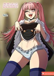 Rule 34 | 1girl, artist name, blush, breasts, cleavage, clothes lift, english text, female focus, fire emblem, fire emblem: three houses, garreg mach monastery uniform, highres, hilda valentine goneril, kinkymation, large breasts, long hair, matching hair/eyes, navel, nintendo, one eye closed, open mouth, panties, patreon username, pink eyes, pink hair, signature, skindentation, skirt, skirt lift, striped clothes, striped panties, thighhighs, thighs, twintails, underwear, watermark, web address, wink