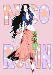 Rule 34 | 1girl, ^ ^, black hair, blue vest, character name, closed eyes, cropped jacket, eyewear on head, full body, highres, long hair, may snmk, nico robin, one piece, pink sarong, red footwear, sarong, smile, solo, vest, zipper