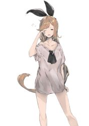 Rule 34 | 10s, 1girl, akiha (attract), bad id, bad twitter id, brown hair, clarisse (granblue fantasy), collarbone, granblue fantasy, hair ribbon, long hair, one eye closed, open mouth, oversized clothes, oversized shirt, ponytail, ribbon, rubbing eyes, shirt, short sleeves, simple background, sleepy, solo, very long hair, waking up, white background