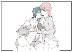 Rule 34 | 2girls, asahina yuni, black bra, blue eyes, blue hair, bottomless, bra, breasts, brown bra, cheating (relationship), chinese commentary, cleavage, closed mouth, collarbone, collared shirt, commentary request, dress shirt, earclip, earrings, grey shirt, hair behind ear, haoxiangkan nutong, highres, invisible chair, jewelry, kyou wa kanojo ga inai kara, large breasts, leaning on person, long hair, long sleeves, loose clothes, loose shirt, medium breasts, medium hair, mole, mole on breast, multiple girls, open clothes, open shirt, panties, pink eyes, pink hair, shirt, simple background, sitting, strapless, strapless bra, stud earrings, taki fuuko, underwear, white background, white panties, yuri