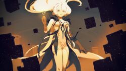 Rule 34 | 1girl, bare legs, bare shoulders, cube, floating, floating object, genshin impact, hair between eyes, hair flowing over, hand up, highres, holding, looking at viewer, n.s.egg, orange background, orange eyes, solo, unknown god (genshin impact), white hair