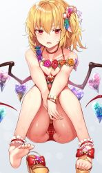 Rule 34 | 1girl, ankle cuffs, bikini, blonde hair, bow, breasts, cameltoe, choker, cleavage, feet, fingernails, flandre scarlet, flower, flower wreath, footwear bow, unworn footwear, frills, hair flower, hair ornament, halterneck, heart, highres, kaerunoko, pussy, medium breasts, neck, open mouth, red bikini, red eyes, sandals, unworn sandals, shoes, short hair, side ponytail, simple background, sitting, solo, sweat, swimsuit, thick thighs, thighs, toenails, touhou, wings, wristband