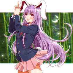 Rule 34 | 1girl, animal ears, bamboo, black jacket, blazer, blush, buttons, collared shirt, cowboy shot, crescent moon, jacket, long hair, long sleeves, moon, necktie, okawa friend, open mouth, pink skirt, pleated skirt, purple hair, rabbit ears, rabbit tail, red eyes, red necktie, reisen udongein inaba, shirt, skirt, smile, solo, tail, touhou, white shirt