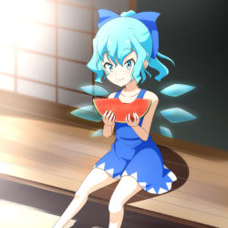 Rule 34 | 1girl, adapted costume, alternate hairstyle, blue eyes, blue hair, blush, bow, cato (monocatienus), cirno, dress, eating, food, fruit, hair bow, ice, ice wings, matching hair/eyes, no shirt, ponytail, smile, solo, sundress, touhou, watermelon, wings