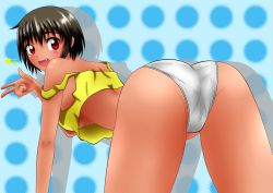 Rule 34 | 1girl, absurdres, all fours, arched back, ass, bakufu (pixiv8670867), bare shoulders, black hair, blush, breasts, crop top, dark skin, dark-skinned female, fang, female focus, hanging breasts, highres, large breasts, looking at viewer, looking back, no bra, open mouth, original, panties, red eyes, short hair, silhouette, smile, solo, star (symbol), strap slip, tank top, underboob, underwear, upshirt, white panties