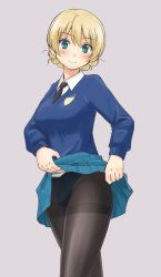 Rule 34 | 10s, 1girl, black necktie, black pantyhose, blonde hair, blue eyes, blue skirt, blue sweater, braid, closed mouth, clothes lift, commentary request, cowboy shot, darjeeling (girls und panzer), dress shirt, emblem, girls und panzer, grey background, lifting own clothes, long sleeves, looking at viewer, miniskirt, necktie, panties, panties under pantyhose, pantyhose, pleated skirt, school uniform, shirt, short hair, simple background, skirt, skirt lift, smile, solo, st. gloriana&#039;s school uniform, standing, sweater, thighband pantyhose, twin braids, underwear, uona telepin, v-neck, white shirt, wing collar