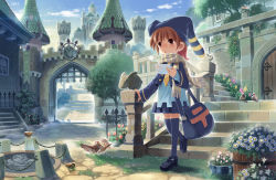 Rule 34 | 10s, 1girl, 2011, :o, bad id, bad pixiv id, bag, banner, bird, black footwear, bloom, blouse, blue jacket, blue shirt, blue skirt, blue thighhighs, blush, brown eyes, brown hair, buckle, building, buttons, castle, chain, cobblestone, cropped jacket, daisy, day, fence, flower, grass, hat, highres, holding, holding paper, ironwork, jacket, jester cap, kankurou, letter, long sleeves, manhole cover, necktie, orange necktie, original, outdoors, paper, plant, pleated skirt, portcullis, potted plant, rabbit, railing, scarf, sculpture, shirt, shoes, short hair, shoulder bag, skirt, sky, solo, spire, stairs, stone wall, striped clothes, striped scarf, sun, sunlight, thighhighs, tower, tree, walking, wall, zettai ryouiki