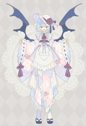 Rule 34 | 1girl, adapted costume, apron, ascot, bat wings, belt, black footwear, blue belt, blue bow, blue hair, bow, brown flower, brown rose, collar, collared dress, dress, fang, fangs, floral print, flower, frills, full body, gem, grey background, hair between eyes, hands up, hat, hat bow, highres, japanese clothes, jewelry, kimono, long sleeves, looking at viewer, maid, multicolored hair, nikorashi-ka, open mouth, pink dress, pink hair, pink hat, pink kimono, pocket, red ascot, red belt, red eyes, red flower, red rose, remilia scarlet, rose, short hair, slippers, socks, solo, standing, striped, striped bow, tongue, touhou, wa maid, white apron, white belt, white bow, white flower, white rose, white socks, wide sleeves, wings