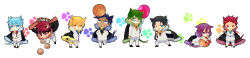 Rule 34 | 2000s (style), 6+boys, animal ears, animal hands, ball, balloon, basketball (object), bell, black bow, black bowtie, black coat, black footwear, black hair, blonde hair, blue bow, blue bowtie, blue hair, bow, bowtie, burger, cat ears, cat tail, chibi, chibi only, coat, cup, disposable cup, food, fur-trimmed coat, fur trim, glasses, green eyes, green hair, highres, holding, holding balloon, holding burger, holding food, itonoko, jingle bell, kuroko no basuke, long image, male focus, multiple boys, neck bell, one eye closed, orange bow, orange bowtie, pants, paw print, paw print background, pocky, purple hair, red bow, red bowtie, red hair, smile, tail, v, white background, white coat, white pants, wide image