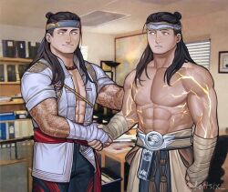 Rule 34 | 2boys, abs, arm tattoo, bandaged hand, bandages, black hair, black pants, body markings, bright pupils, closed mouth, dual persona, fortsix, grey headband, headband, highres, holding hands, large pectorals, liu kang, long hair, male focus, meme, meme request, mortal kombat (series), mortal kombat 1 (2023), multiple boys, muscular, muscular male, navel, pants, pectorals, smile, tattoo, the office, topless male, white pupils, young michael scott shaking ed truck&#039;s hand (meme)