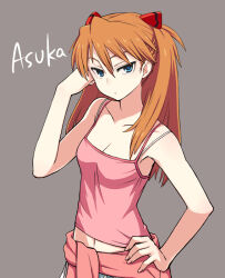 Rule 34 | 1girl, blue eyes, breasts, camisole, casual, chan co, evangelion: 2.0 you can (not) advance, hand in own hair, hand on own hip, long hair, looking at viewer, medium breasts, midriff, multiple girls, navel, neon genesis evangelion, open mouth, orange hair, rebuild of evangelion, shirt, simple background, skirt, solo, souryuu asuka langley, taut clothes, taut shirt, tsundere, twintails, two side up