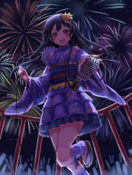 Rule 34 | 1girl, artist request, blue hair, blush, character name, commentary request, festival, fireworks, floral print, flower, from below, hair between eyes, hair flower, hair ornament, hand fan, highres, holding, japanese clothes, kimono, leg up, leg warmers, long hair, looking at viewer, love live!, love live! school idol festival, love live! school idol project, microphone, night, short kimono, short yukata, solo, sonoda umi, star (sky), wide sleeves, yellow eyes, yukata