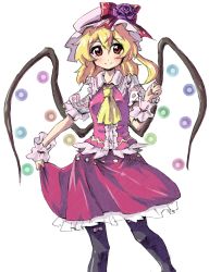 Rule 34 | 1girl, ascot, bad id, bad pixiv id, black pantyhose, blonde hair, blouse, bow, female focus, flandre scarlet, hat, pantyhose, red eyes, shirt, skirt, skirt hold, solo, thief (kiteretsu), touhou, wings, wrist cuffs