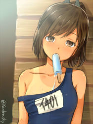 Rule 34 | 10s, 1girl, bare shoulders, brown eyes, brown hair, character name, collarbone, food, i-401 (kancolle), kanden sky, kantai collection, looking at viewer, mouth hold, one-piece swimsuit, one-piece tan, personification, ponytail, popsicle, school swimsuit, short hair, short ponytail, solo, strap slip, swimsuit, tan, tanline, upper body