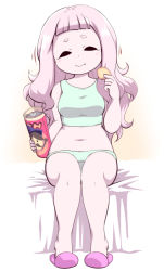 Rule 34 | 10s, 1girl, blunt bangs, breasts, chips (food), closed eyes, eating, food, hair down, jasminka antonenko, little witch academia, long hair, medium breasts, navel, no pupils, nollety, pink hair, plump, potato chips, pringles, sitting, slippers, smile, solo, tank top, white background, wide hips