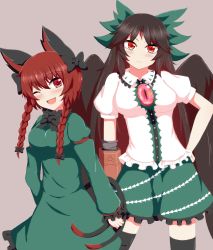 Rule 34 | 2girls, ;d, animal ears, arm cannon, black hair, black wings, bow, braid, cape, cat ears, contrapposto, green bow, green skirt, hair bow, highres, kaenbyou rin, long hair, multiple girls, multiple tails, one eye closed, open mouth, red eyes, red hair, reiuji utsuho, seo haruto, skirt, smile, tail, thighhighs, third eye, touhou, twin braids, weapon, wings