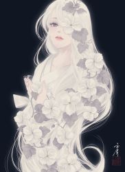 Rule 34 | 1girl, black background, commentary request, flower, flower request, grey eyes, hair flower, hair ornament, hair over one eye, highres, holding, holding flower, japanese clothes, kimono, leaf, long hair, looking at viewer, one eye covered, original, parted lips, plant, seal impression, signature, simple background, solo, upper body, ushiyama ame, very long hair, vines, white flower, white hair, white kimono, white theme