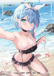 Rule 34 | 1girl, absurdres, arona (blue archive), bandaid, bandaids on nipples, bare arms, bare legs, bare shoulders, barefoot, battery indicator, beach, bikini, black bikini, black choker, blue archive, blue eyes, blue hair, blue halo, blush, braid, breasts, choker, colored inner hair, day, frilled bikini, frills, halo, highres, looking at viewer, multicolored hair, outdoors, parted lips, pasties, pink hair, short hair, single braid, sitting, small breasts, solo, swimsuit, viewfinder, wariza, water, zi yue liuli