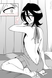 Rule 34 | 1boy, 1girl, ass, bare arms, barefoot, bed, bleach, blush, breasts, butt crack, couple, dangerousbride, facing another, facing viewer, full body, hair between eyes, half-closed eyes, hand up, happy, heart, hetero, highres, indoors, kneeling, kuchiki rukia, kurosaki ichigo, looking at another, looking at viewer, looking back, medium hair, meme attire, monochrome, naughty face, no bra, no panties, on bed, parted lips, partial monochrome, partially colored, presenting, room, short hair, sideboob, sitting, small breasts, smile, surprised, sweatdrop, sweater, teeth, virgin killer sweater, wariza