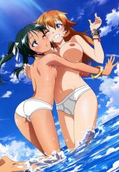Rule 34 | 2girls, ass, blue eyes, blush, breasts, briefs, charlotte e. yeager, classic fly briefs, francesca lucchini, green eyes, green hair, highres, hug, large breasts, male underwear, multiple girls, navel, nipples, one eye closed, orange hair, outdoors, panties, small breasts, smile, strike witches, topless, twintails, underwear, white panties, world witches series