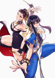 Rule 34 | 2girls, absurdres, bare shoulders, black hair, breasts, capcom, chinese clothes, chun-li, cleavage, cosplay, costume switch, crossover, double bun, dress, earrings, fighting stance, gloves, hair bun, hair ornament, hairband, highres, jewelry, large breasts, long hair, multiple girls, red eyes, sidelocks, smile, spy x family, street fighter, street fighter 6, sumustard, weapon, yor briar