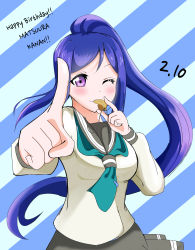Rule 34 | 1girl, absurdres, artist name, artist request, blue hair, blush, breasts, buttons, female focus, green neckerchief, grey sailor collar, grey skirt, hair between eyes, high ponytail, highres, holding, holding whistle, long hair, looking at viewer, love live!, love live! sunshine!!, matsuura kanan, medium breasts, miniskirt, neckerchief, one eye closed, parted lips, pisagi (evildaddy12), plaid, plaid skirt, pleated skirt, pointing, pointing at viewer, ponytail, purple eyes, sailor collar, school uniform, shirt, skirt, small breasts, smile, solo, striped, striped background, uranohoshi school uniform, whistle, whistle around neck, white shirt