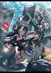 Rule 34 | 2girls, bird, black hair, blue eyes, blue hair, boots, breasts, building, crop top, field ration, fingerless gloves, gia, gloves, gun, hair ornament, hairclip, headgear, headphones, highres, holding, holding gun, holding weapon, hood, hoodie, letterboxed, long hair, looking at viewer, medium breasts, midriff, multiple girls, original, post-apocalypse, prosthesis, prosthetic arm, rifle, road sign, rubble, science fiction, short hair, shorts, sideboob, sign, skyscraper, smile, squatting, submachine gun, weapon, yellow eyes