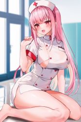 Rule 34 | 1girl, bare legs, barefoot, blush, breasts, cleavage, commentary, dress, english commentary, hand up, hat, highres, hololive, hololive english, indoors, large breasts, long hair, looking at viewer, mori calliope, nurse, nurse cap, open mouth, pink hair, red eyes, short dress, short sleeves, sitting, solo, thick thighs, thighs, very long hair, virtual youtuber, white dress, white hat, yuniiho