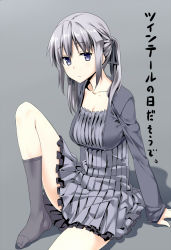 Rule 34 | 1girl, :/, blue eyes, breasts, cleavage, copyright request, dress, feet, frown, grey background, grey hair, hair tie, himura kiseki, jacket, knee up, large breasts, looking at viewer, no shoes, sad, simple background, sitting, socks, solo, thighhighs, translated, zettai ryouiki