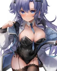 Rule 34 | 1girl, alternate costume, between breasts, black leotard, black thighhighs, blue archive, blue eyes, blue hair, blue necktie, blush, breast zipper, breasts, cleavage, closed mouth, commentary, covered navel, cowboy shot, detached collar, garter straps, hair between eyes, highres, jacket, lace, lace-trimmed legwear, lace trim, leotard, long hair, looking at viewer, medium breasts, necktie, necktie between breasts, off shoulder, open clothes, open jacket, parted bangs, shiranui (nisioisin sinob), simple background, solo, sweat, thighhighs, thighs, two-sided fabric, two-sided jacket, two side up, unfinished, white background, white jacket, wing collar, yuuka (blue archive)