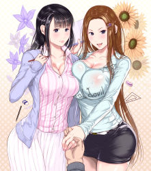 Rule 34 | 2girls, belt, black hair, blue eyes, blush, breast press, breasts, brown hair, cleavage, eraser, flower, hair ornament, hairclip, highres, holding hands, kill time communication, kurofudo, large breasts, long hair, looking at viewer, multiple girls, notebook, open mouth, outstretched arm, pen, skirt, smile, sunflower
