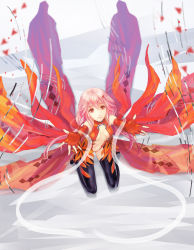 Rule 34 | 10s, 1girl, black thighhighs, breasts, center opening, cleavage, detached sleeves, fingerless gloves, gloves, guilty crown, highres, long hair, outstretched arms, pink hair, rakuhei, red eyes, solo, thighhighs, twintails, yuzuriha inori