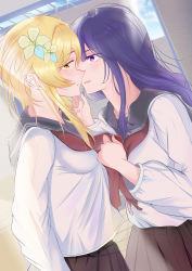 Rule 34 | 2girls, absurdres, alternate costume, blonde hair, blush, eye contact, face-to-face, flower, from side, genshin impact, grabbing another&#039;s chin, hair flower, hair ornament, hand on another&#039;s chin, hand on another&#039;s face, heitubaibutu, highres, imminent kiss, long hair, long sleeves, looking at another, lumine (genshin impact), multiple girls, necktie, purple eyes, purple hair, raiden shogun, red necktie, school uniform, short hair with long locks, yellow eyes, yuri