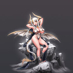 Rule 34 | 1girl, absurdres, antenna hair, armpits, arms behind head, arms up, bare legs, bare shoulders, black hair, blonde hair, breasts, cain (gunnermul), cape, cleavage, dragon girl, dragon horns, dragon tail, dragon wings, full body, grey background, groin, highres, horns, large breasts, legs, leotard, looking at viewer, multicolored hair, orange eyes, original, pointy ears, rock, sitting, slit pupils, smile, solo, stirrup legwear, streaked hair, swimsuit, tail, toeless legwear, toes, torn wings, white hair, wings