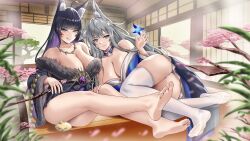 Rule 34 | 2girls, absurdres, animal ear fluff, animal ears, ass, azur lane, beads, blue butterfly, blue collar, breasts, bug, buko (bukosuki), butterfly, cleavage, collar, detached collar, facial mark, fox ears, fox girl, full body, fur-trimmed kimono, fur trim, gem, gold trim, grey hair, highres, huge breasts, indoors, insect, japanese clothes, jewelry, kimono, kitsune, long hair, long sleeves, looking at viewer, low neckline, magatama, magatama necklace, manjuu (azur lane), multiple girls, multiple tails, musashi (azur lane), necklace, no tail, on floor, prayer beads, purple eyes, purple gemstone, purple hair, shinano (azur lane), smile, tail, thighhighs, whisker markings, white thighhighs, wide sleeves