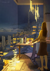 Rule 34 | 1girl, artist name, black hair, black skirt, bottle, box, brown shirt, building, ceiling light, chair, city lights, cloud, commentary, dated, from behind, highres, horizon, house, k kanehira, long hair, long sleeves, night, ocean, original, rooftop, scenery, science fiction, shirt, skirt, slippers, solo, space elevator, standing, table, towel, tower, window, wine bottle