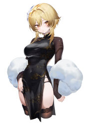 Rule 34 | 1girl, alternate costume, black nails, blonde hair, breasts, brown thighhighs, china dress, chinese clothes, closed mouth, cropped legs, dress, feather boa, flower, genshin impact, gold trim, hair flower, hair ornament, highres, lcy bingzi, long sleeves, looking at viewer, lumine (genshin impact), medium breasts, panties, panty peek, pelvic curtain, sidelocks, simple background, solo, thighhighs, underwear, white background, yellow eyes